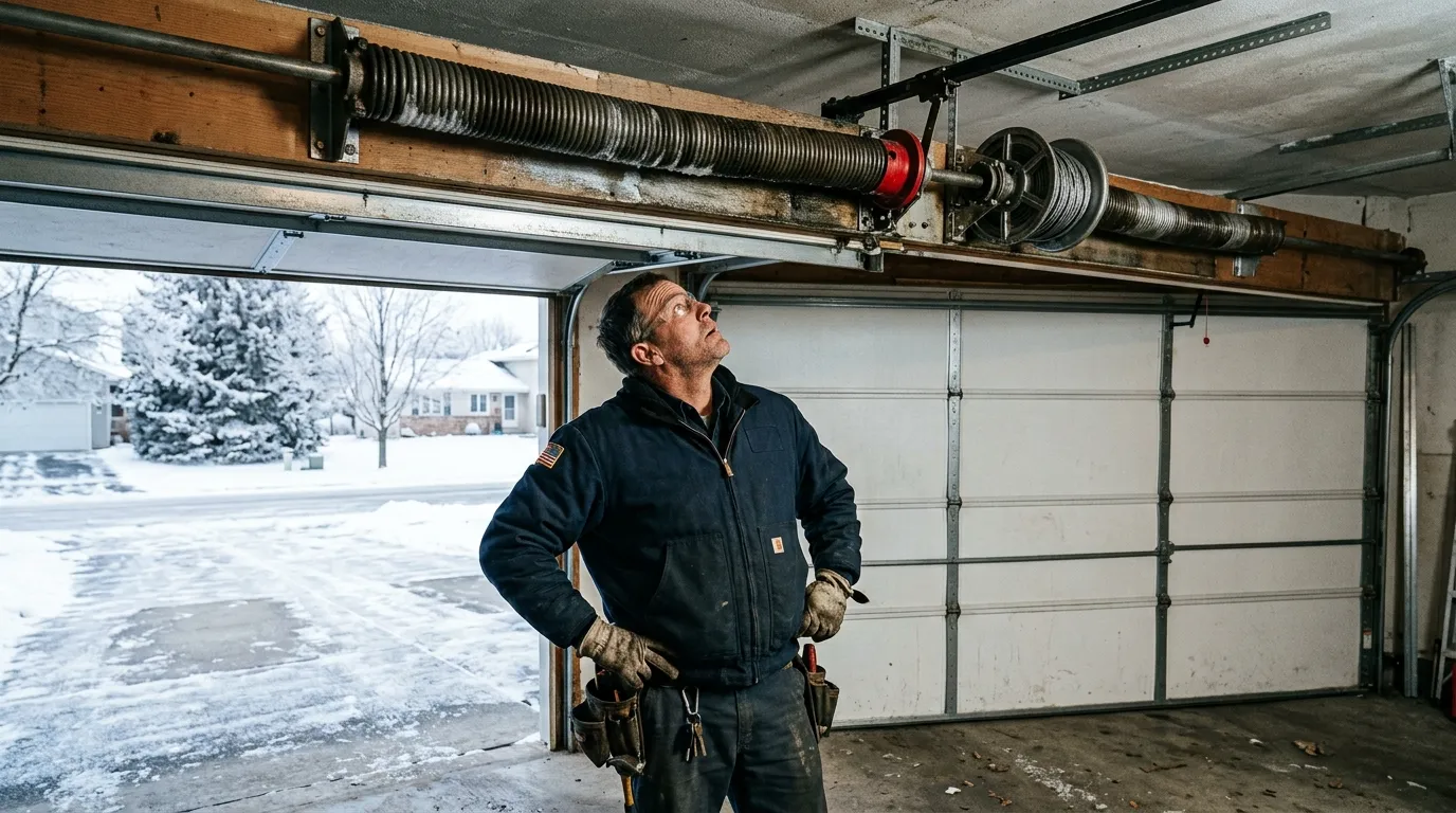 Garage door detail illustrating when a spring goes in cold weather