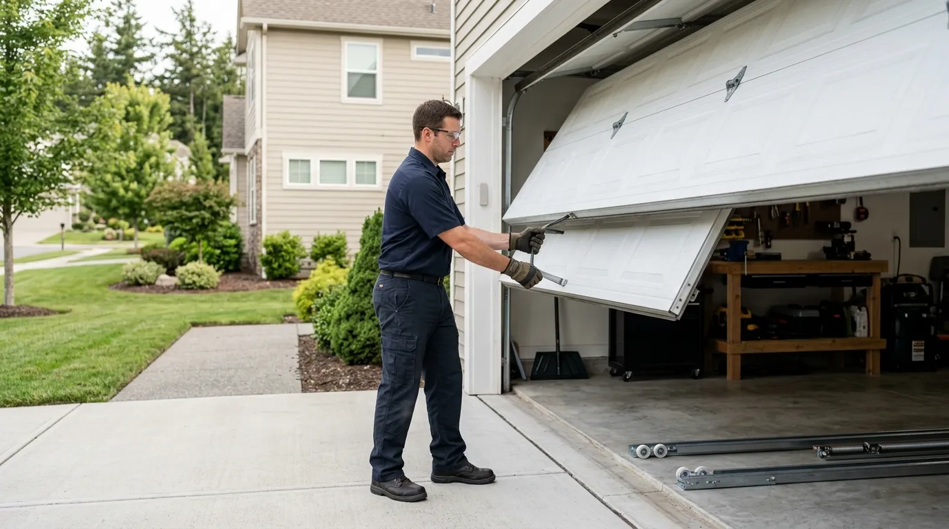 Garage door technician repairing a residential garage door in Aurora Colorado