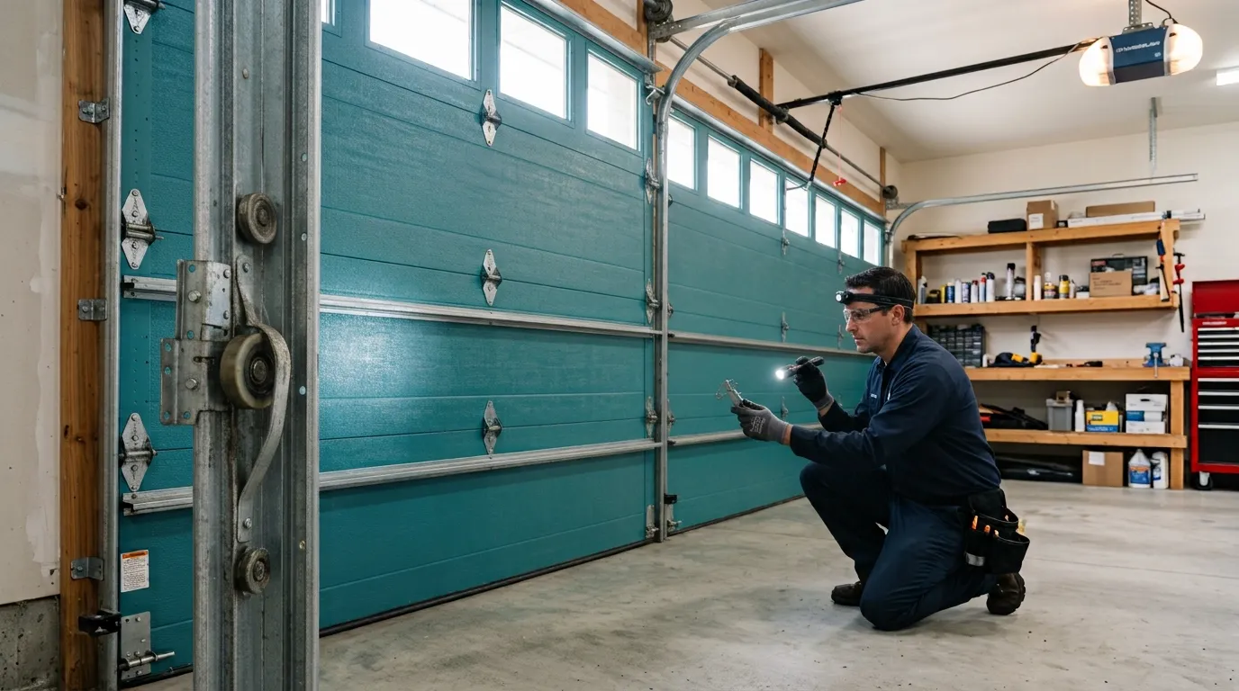 Garage door technician inspecting springs rollers tracks and opener in Aurora Colorado